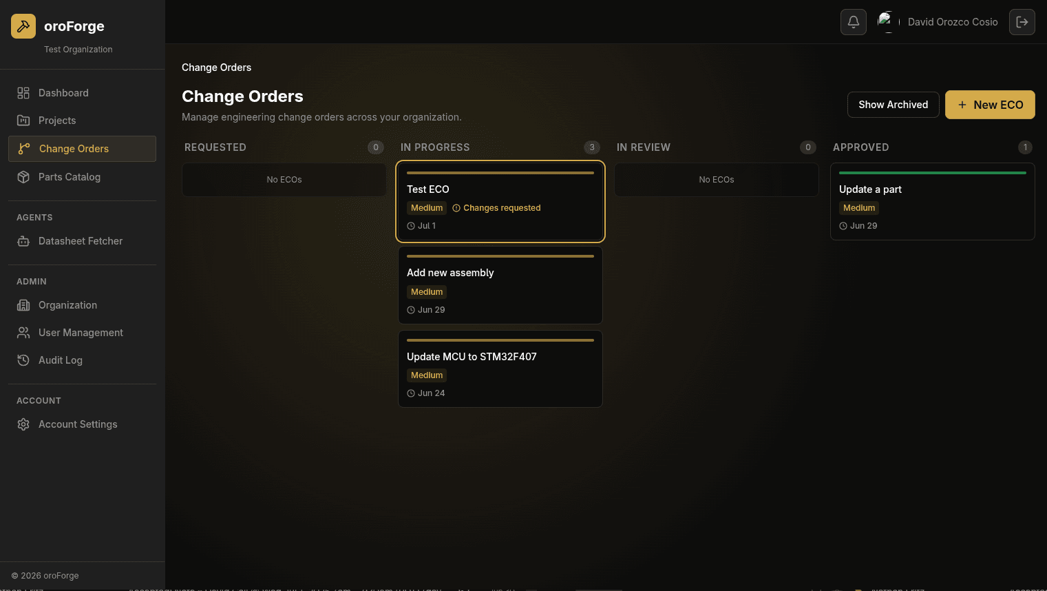 oroForge Change Orders Kanban board with Requested, In Progress, In Review, and Approved columns