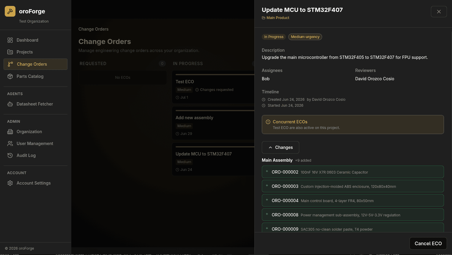 oroForge Change Order detail view with status, timeline, a concurrent ECO warning, and an expandable diff of affected parts