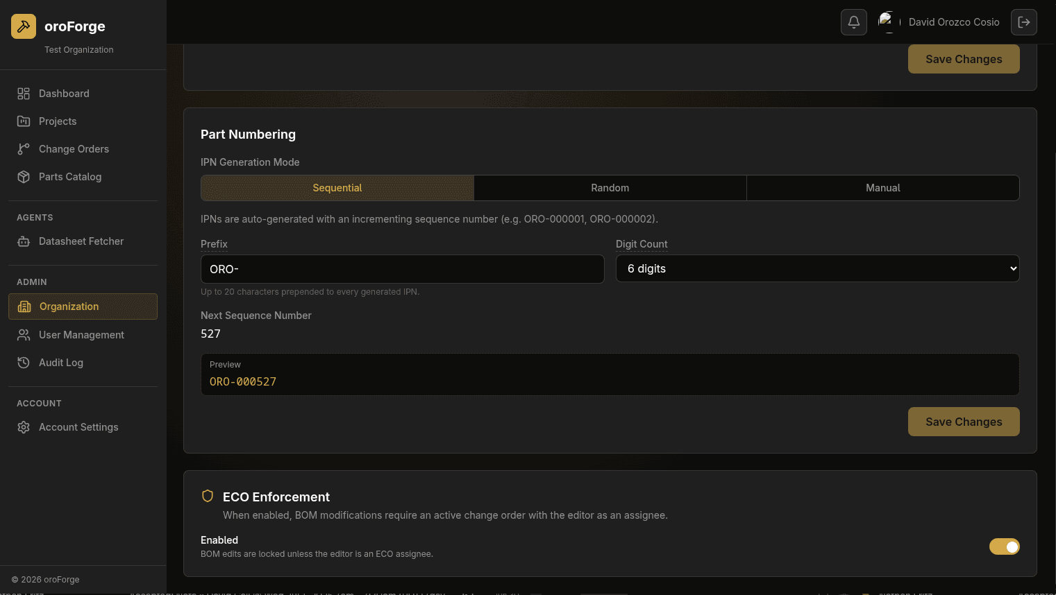 oroForge ECO Enforcement toggle in Organization settings, locking BOM edits to active ECO assignees
