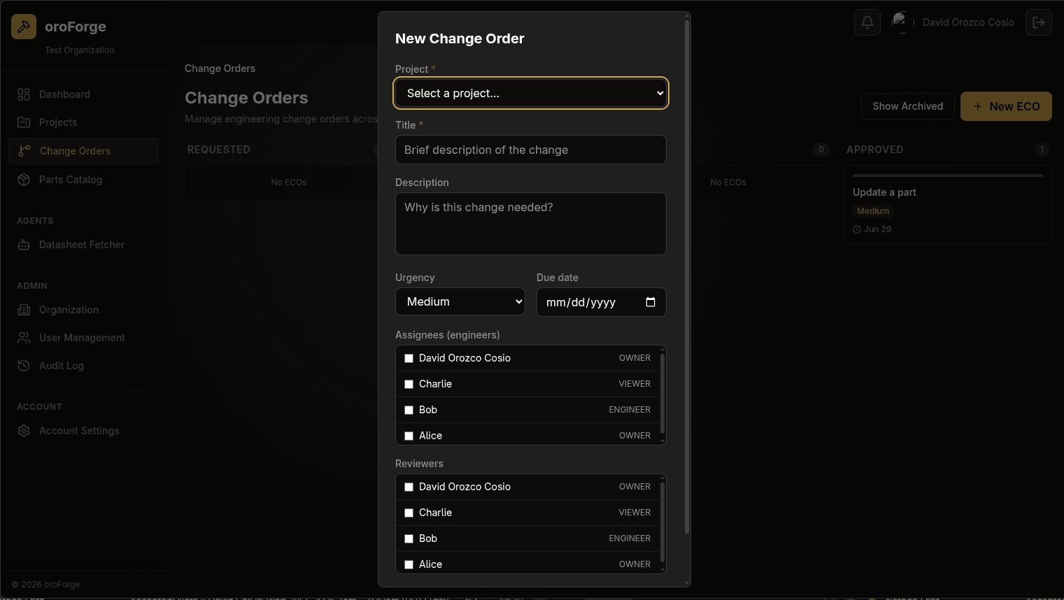 oroForge New Change Order dialog with project, title, description, urgency, due date, assignees, and reviewers