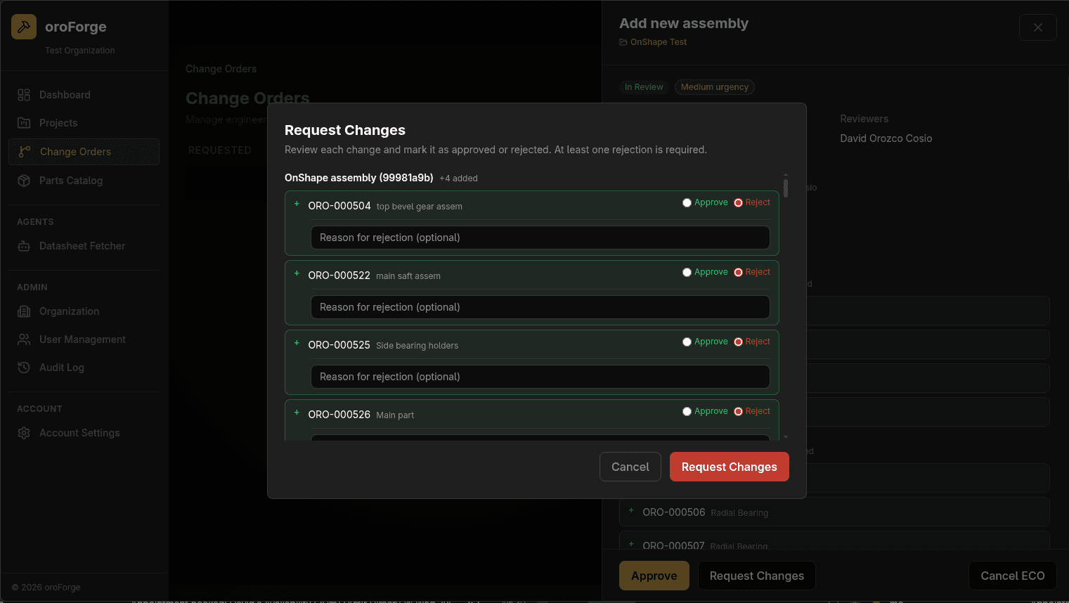 oroForge Request Changes review dialog with per-line Approve and Reject controls and an optional rejection reason