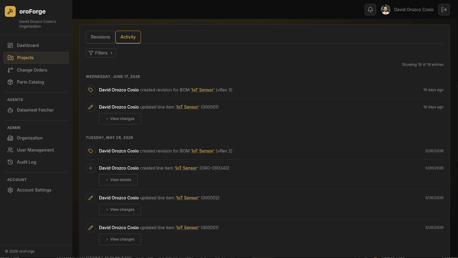 oroForge activity log showing a timeline of BOM revisions and line-item edits, each attributed to a user with a timestamp and a View changes link