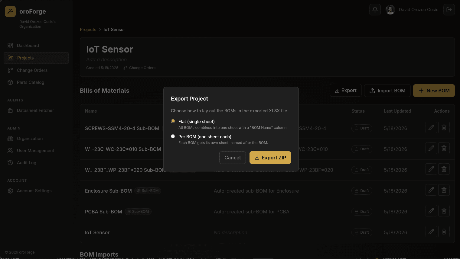 oroForge project export dialog with a choice between a flat single-sheet layout and one sheet per BOM, exported as a ZIP
