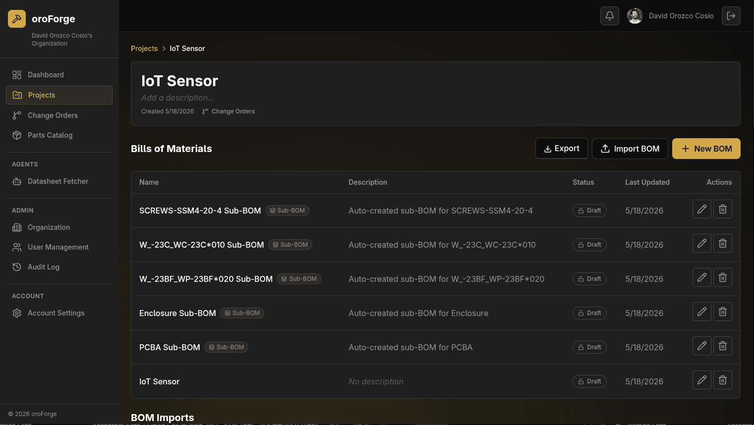 oroForge project view showing a top-level BOM and auto-created sub-BOMs for the PCBA, enclosure, and fastener groups