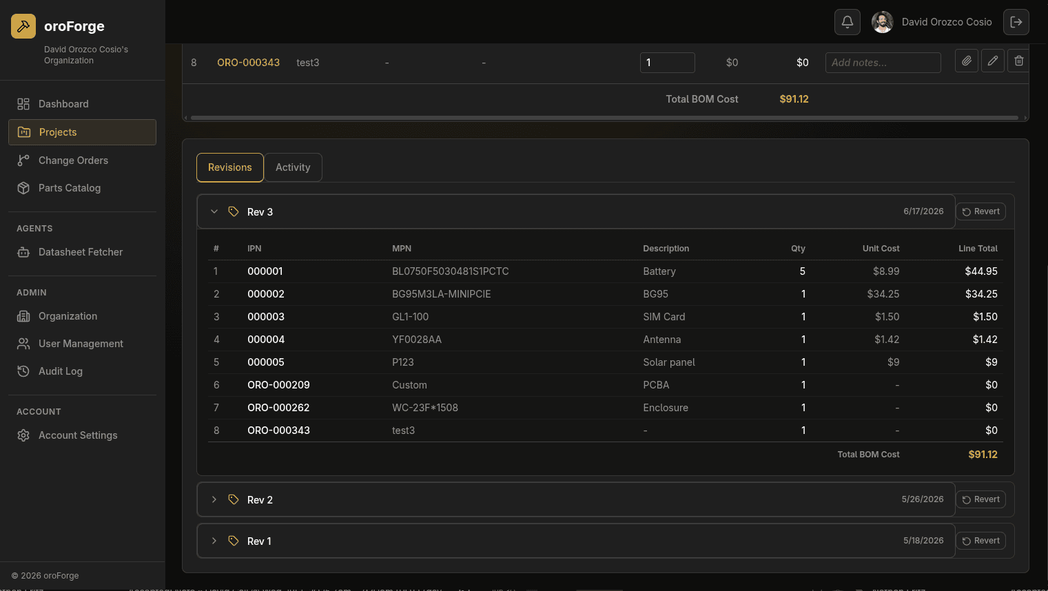 oroForge revision history showing dated snapshots for Rev 1, Rev 2, and Rev 3 of a BOM, each with a one-click Revert button